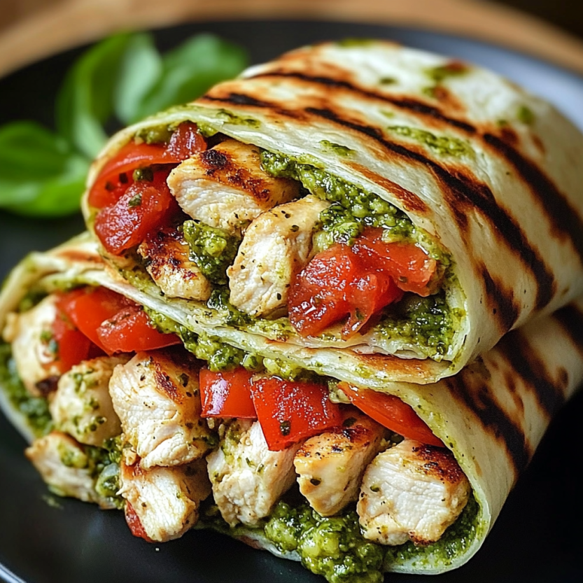 Une bruschetta chicken pesto wraps est servie sur un plateau.