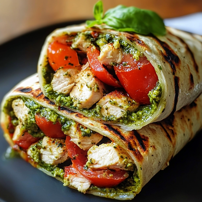 Une bruschetta chicken pesto avec des tomates et des herbes vertes.