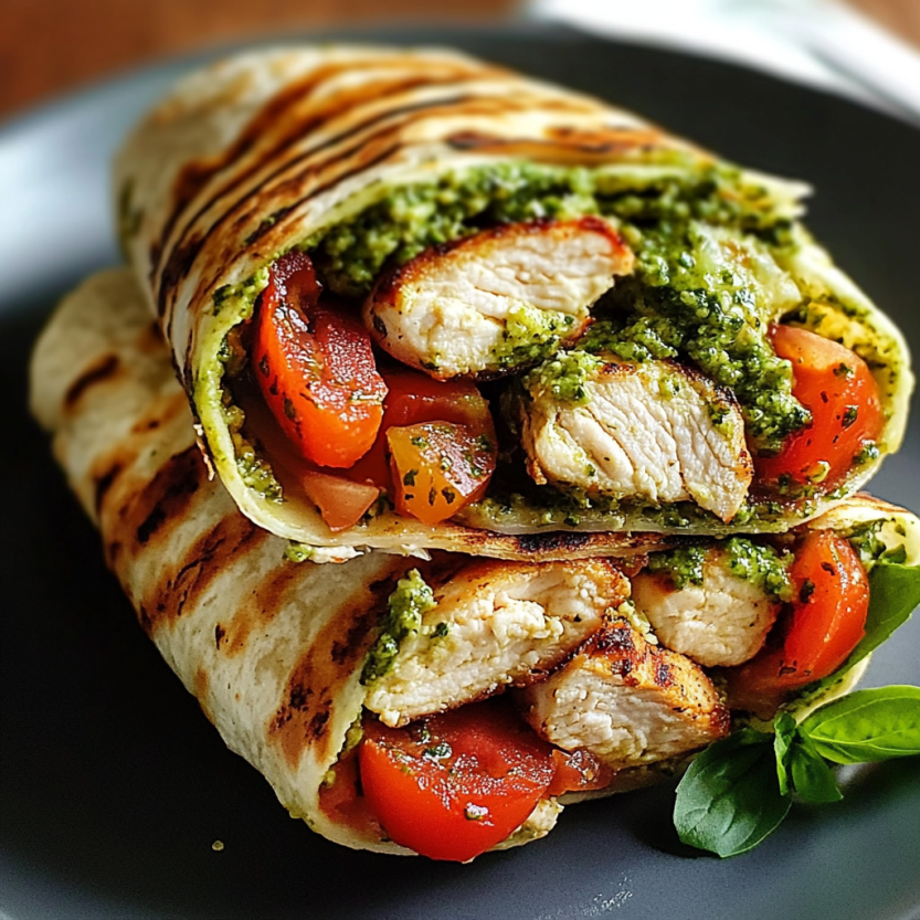 Une bruschetta chicken pesto avec des tomates et des herbes vertes.