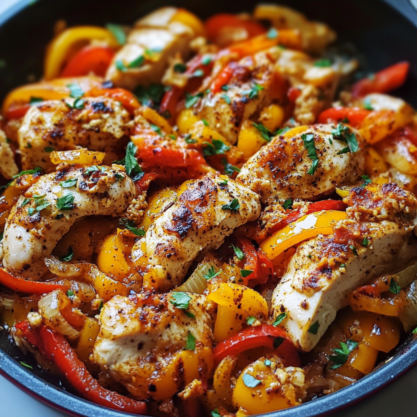 Une casserole de poulet Cajun avec des poivrons.