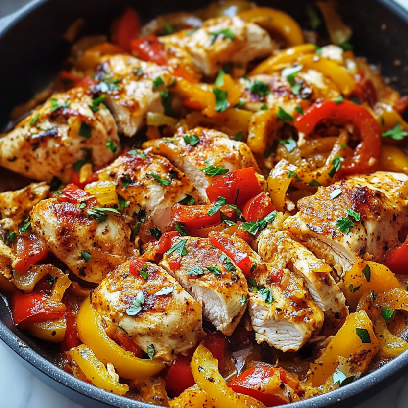 Une casserole de poulet grillé avec des poivrons.