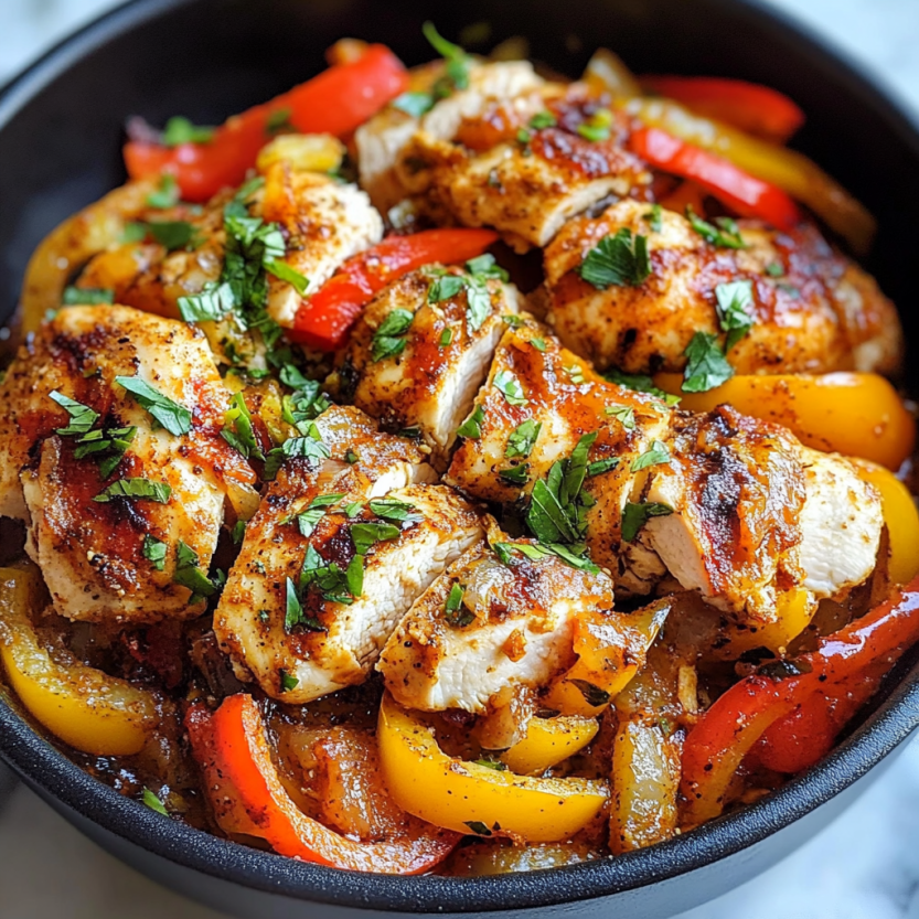 Une assiette de poulet grillé avec des poivrons.