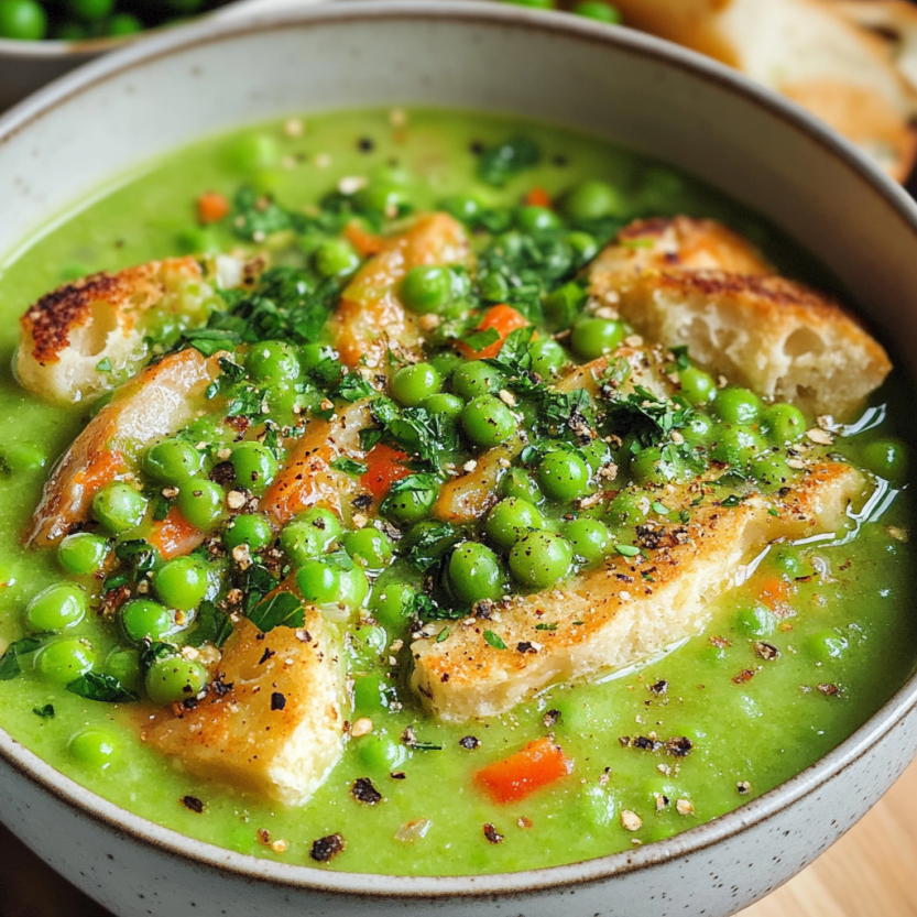 Une soupe de pois frais dans un bol.