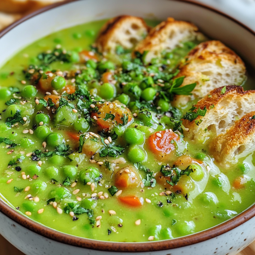 Une soupe de pois frais dans un bol.
