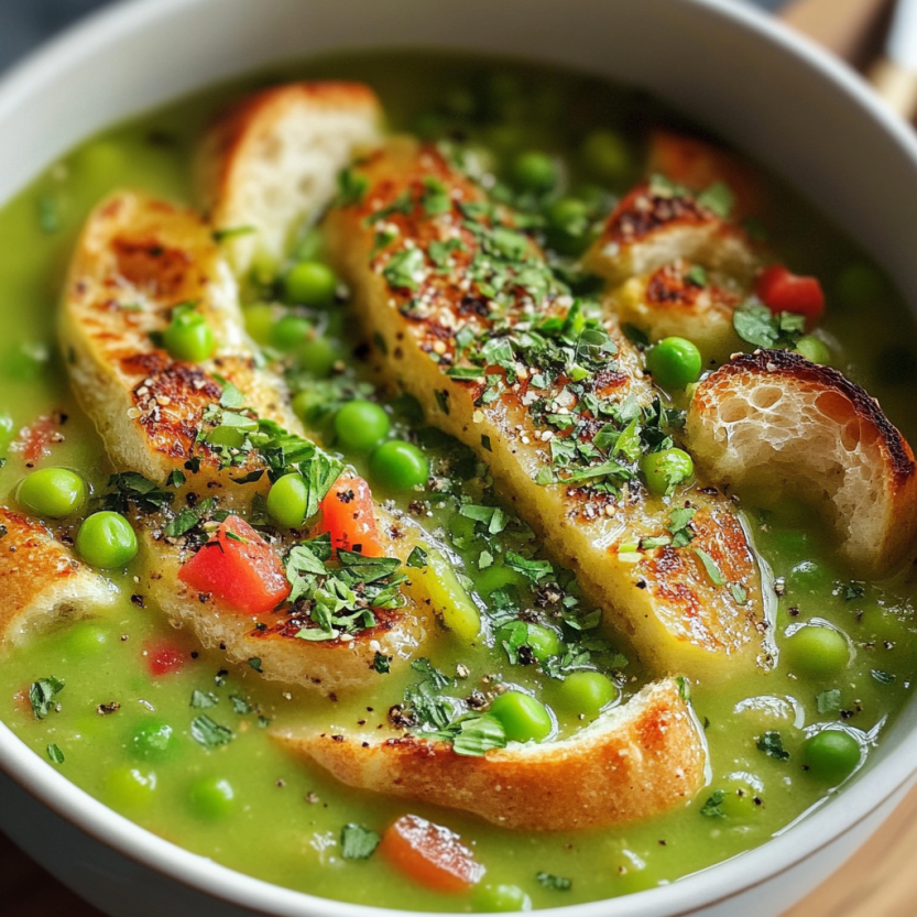 Une assiette de soupe de pois frais avec des tranches de pain grillé.
