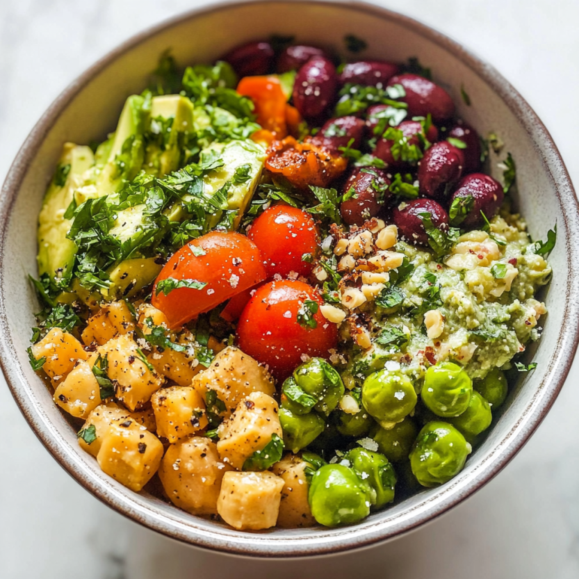 Un plat de salade colorée avec des légumes tels que des tomates, des pois, des avocats et des raisins.