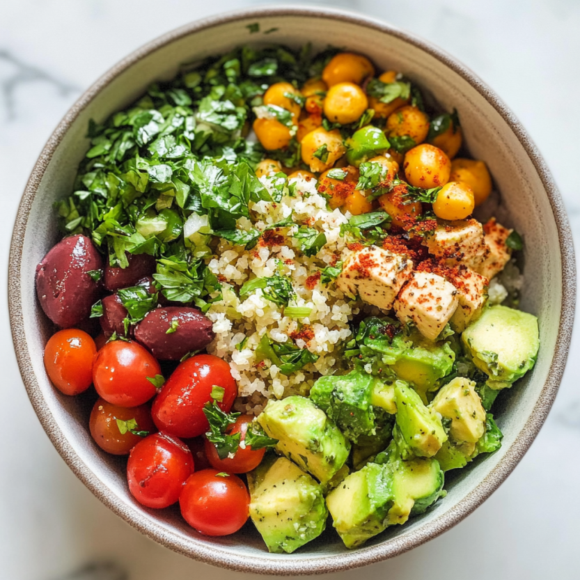 Une assiette de salade composée de légumes tels que des avocats, des tomates, des poivrons, des choux et des épinards, accompagnée de quinoa et de sauce.