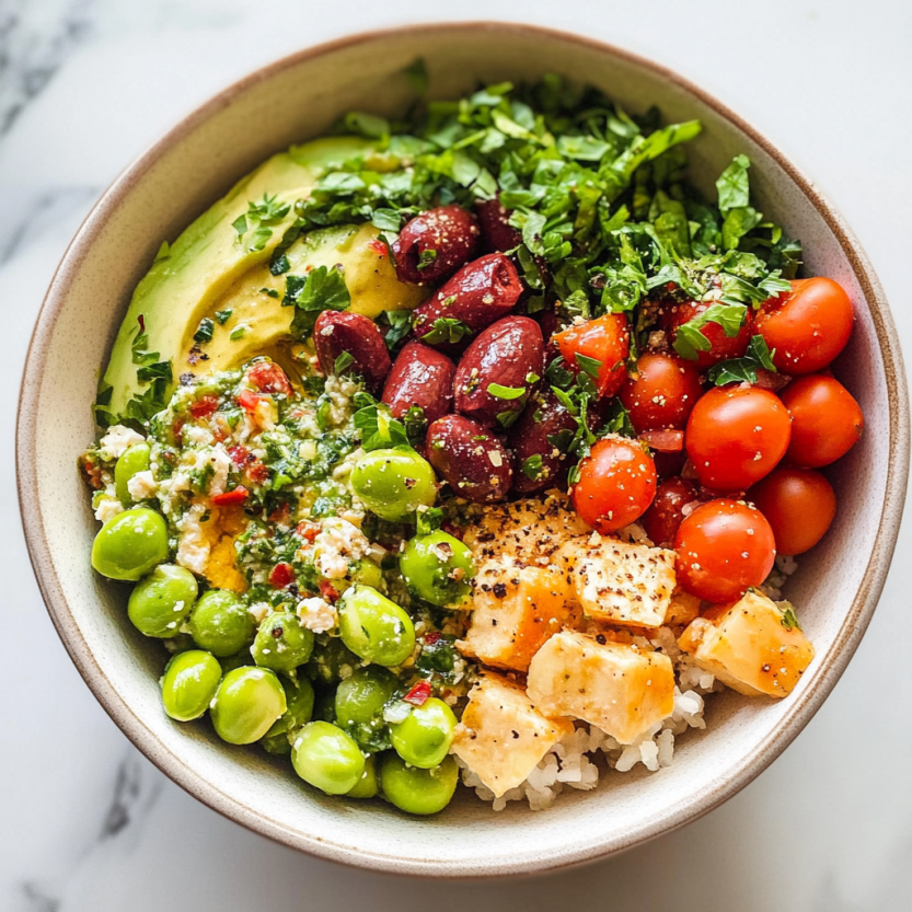 Un plat de salade composé de légumes et de grains, avec une sauce spicy.