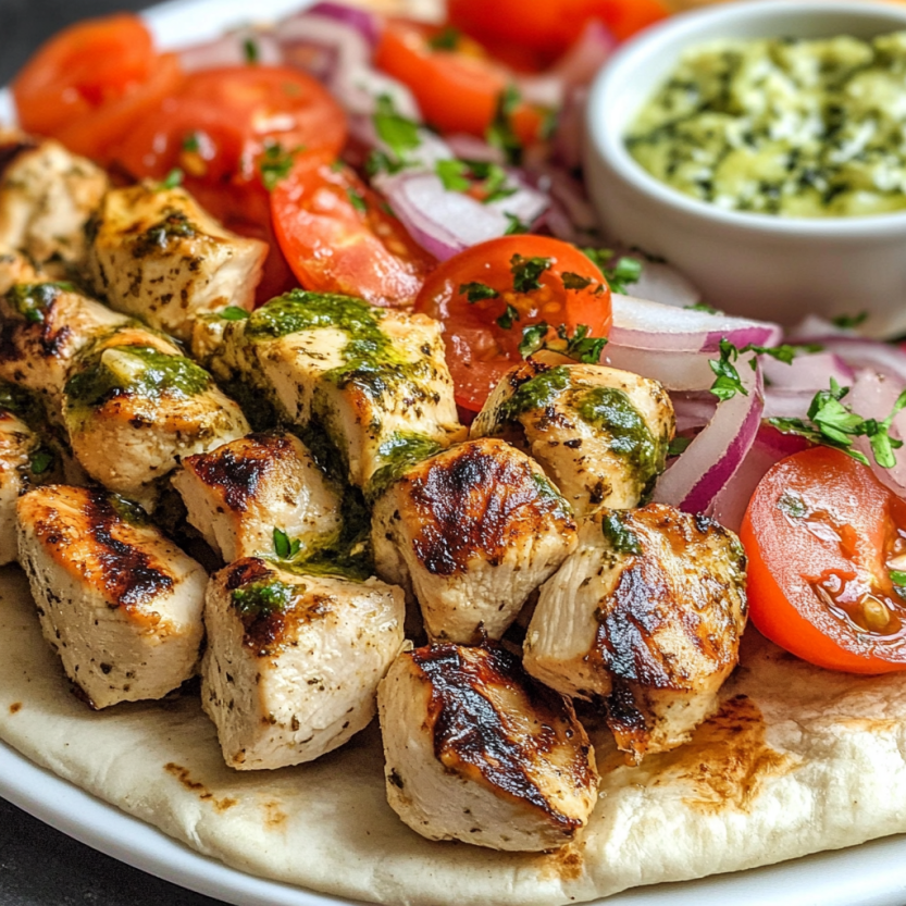 Une assiette de chicken souvlaki avec des légumes.