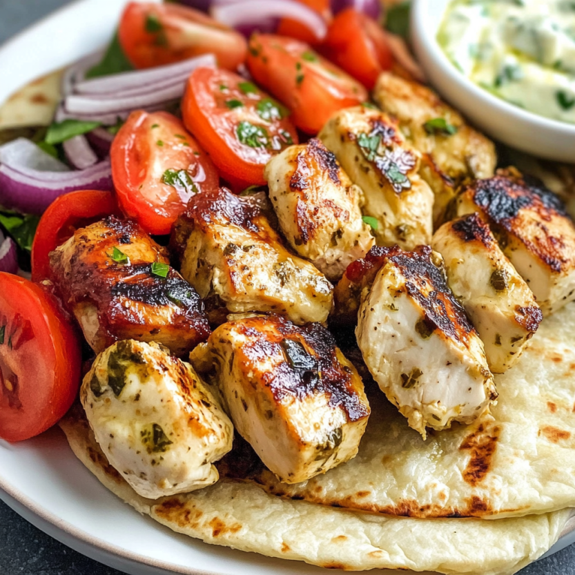Une assiette de chicken souvlaki avec des légumes.