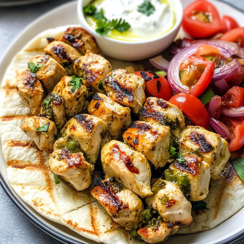 Une assiette de chicken souvlaki avec des légumes et une sauce.
