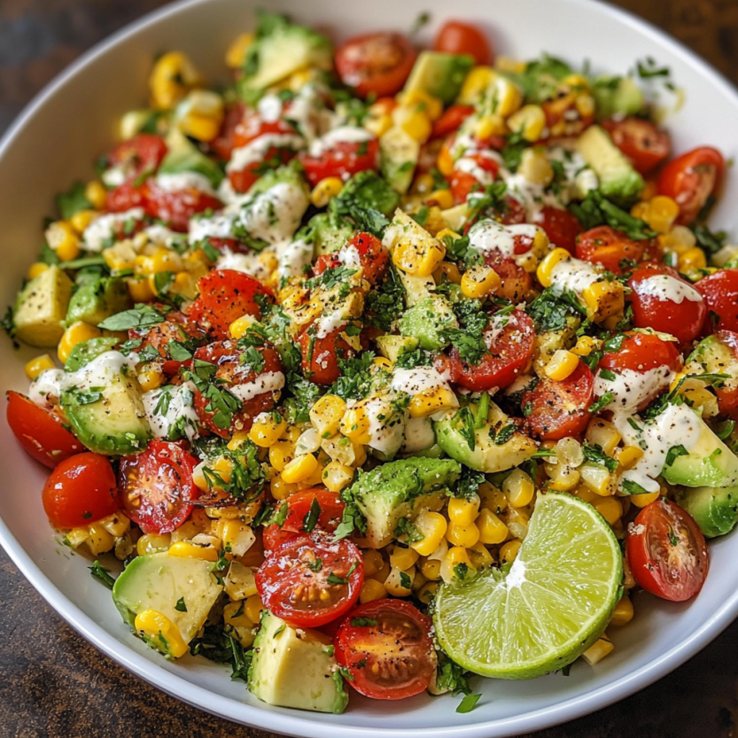 Une salade de tomates, avocats et maïs avec une sauce crémeuse de coriandre et de citron vert.