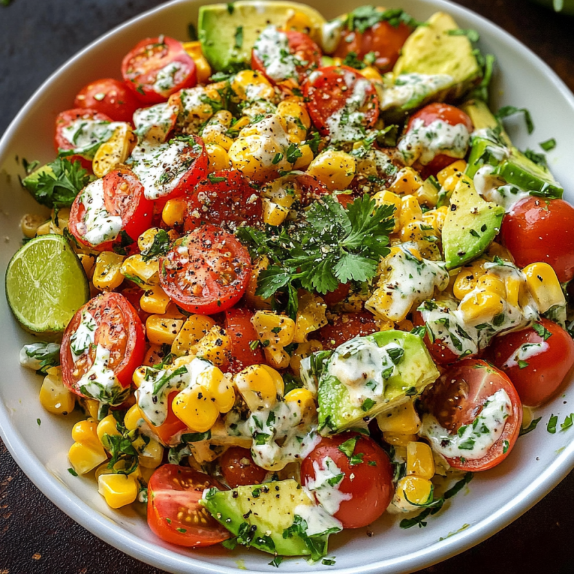 Une salade de tomates, avocats et corn avec une sauce crémeuse de coriandre et de citron vert.