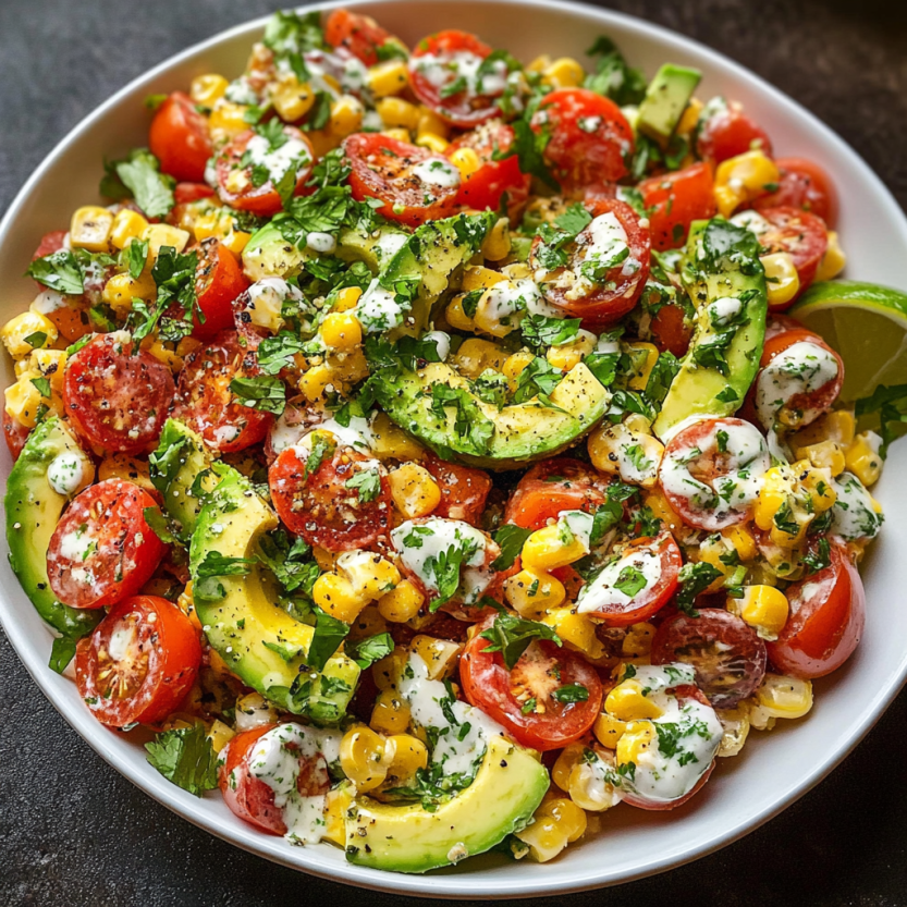 Une salade de tomates, avocats et maïs avec une sauce crémeuse de coriandre et de citron vert.