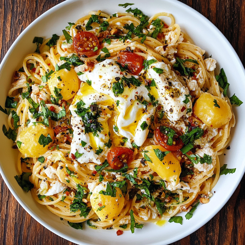 Une assiette de spaghetti avec des tomates, des oignons, des herbes et des légumes verts, accompagnée d'une sauce à la vinaigrette.
