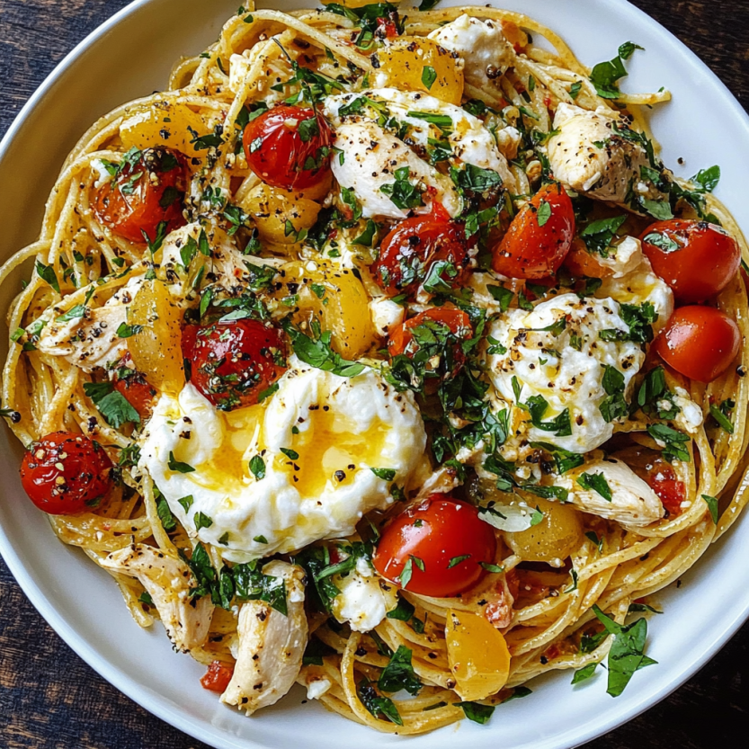 Une assiette de spaghetti avec des tomates, des oignons, des herbes et des légumes verts, accompagnée d'une sauce à la vinaigrette.