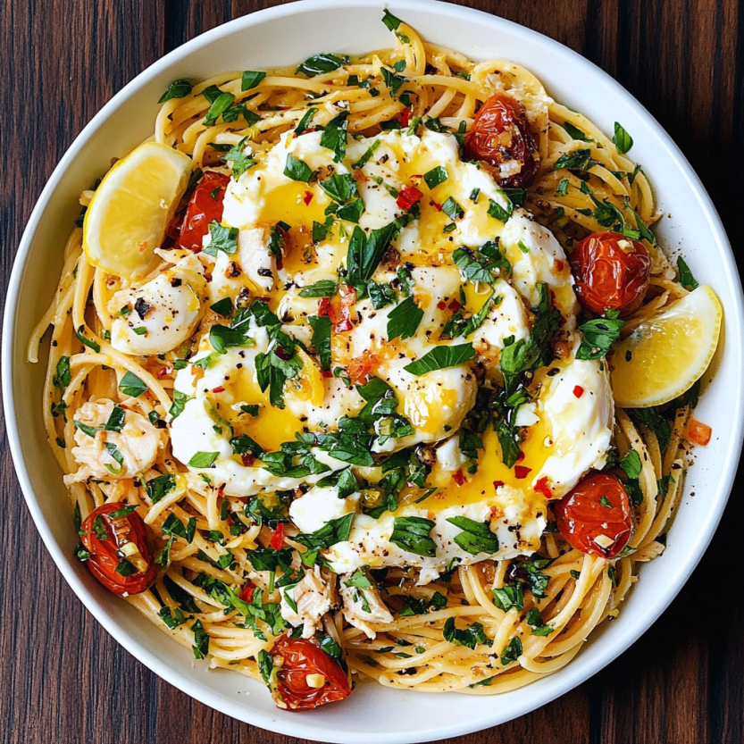 Une assiette de spaghetti avec des tomates, des oeufs et des herbes.