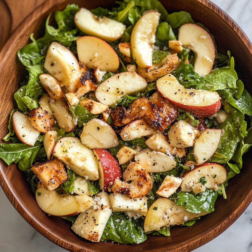 Une salade de fruits et légumes, avec des morceaux de pommes et des feuilles de laitue, dans un bol en bois.