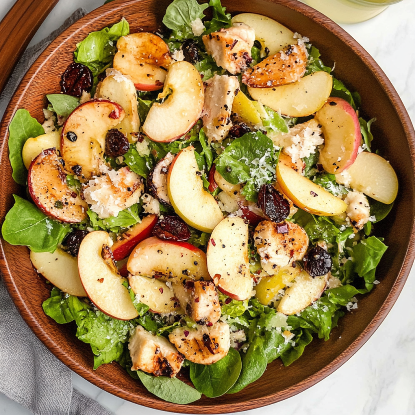 Une salade de fruits et légumes, avec des fruits de cerise et de pomme, des légumes verts et des noix.