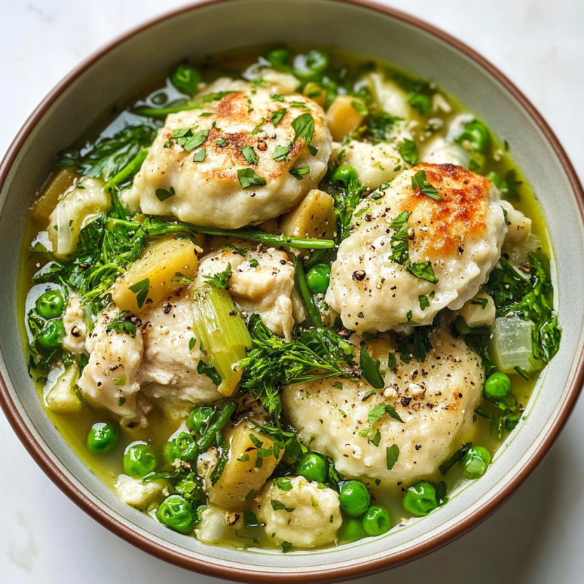 Une assiette de chicken et de dumplings, avec des légumes verts et des herbes, est servie sur une table blanche.