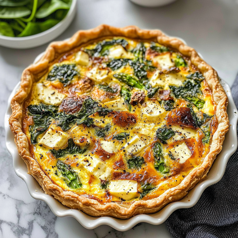 Une quiche de spinach et asperge est servie sur un plateau.