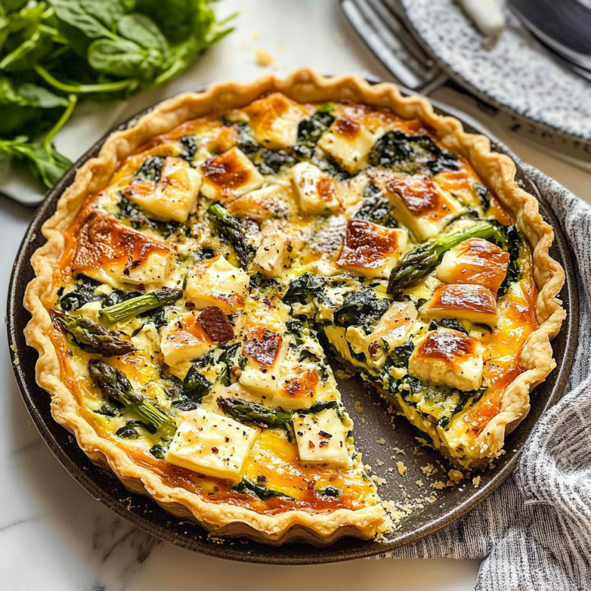 Une quiche de spinach et asperges est servie sur un plateau.