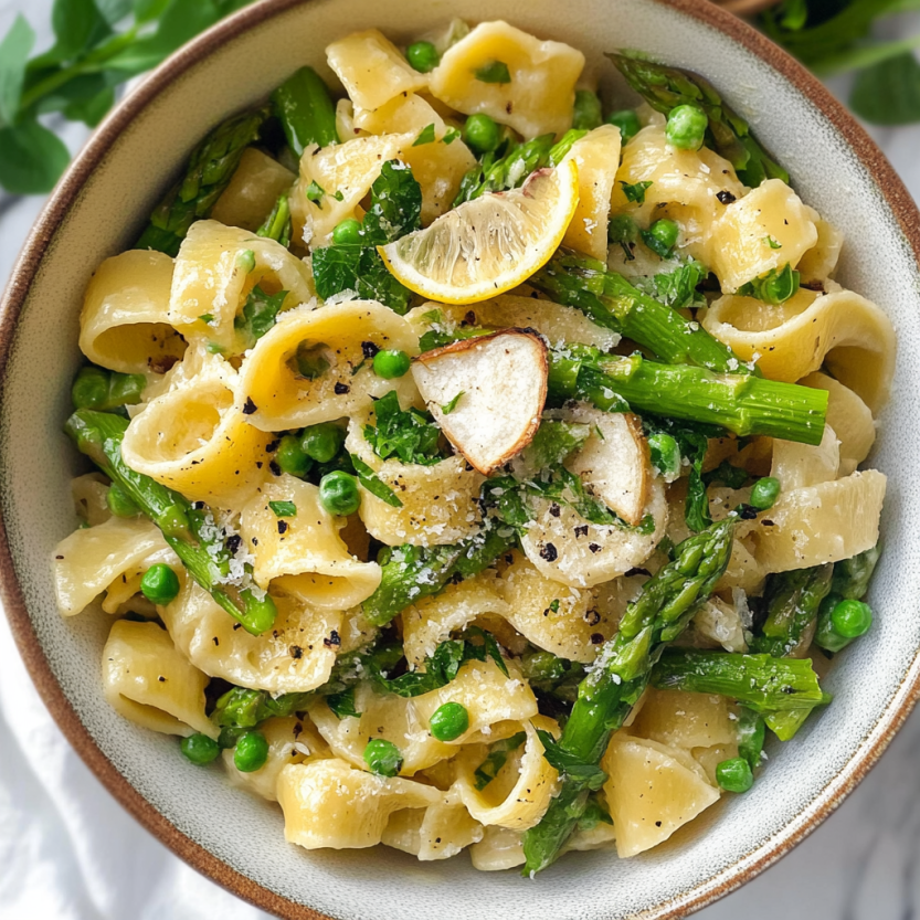 Une assiette de pasta avec des légumes verts et des noix de coco.