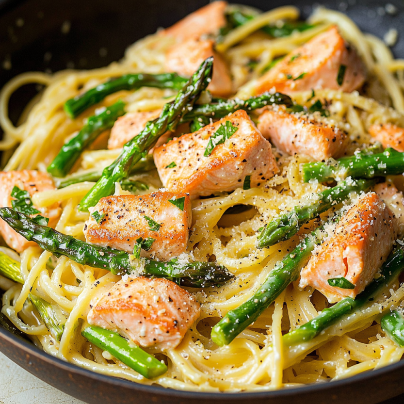 Une assiette de spaghetti avec des légumes verts et des morceaux de saumon.