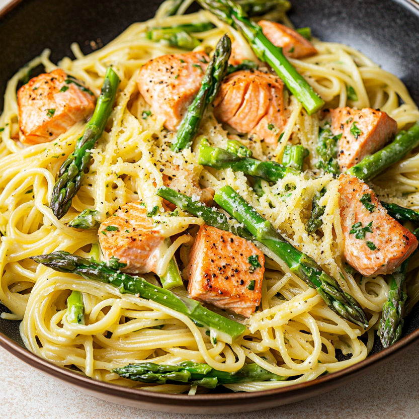 Une assiette de spaghetti avec des légumes verts et des morceaux de saumon.