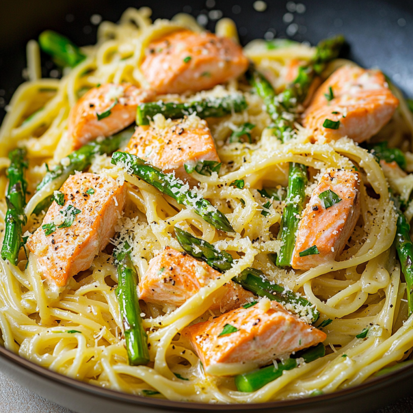 Une assiette de spaghetti avec des morceaux de saumon et des asperges.