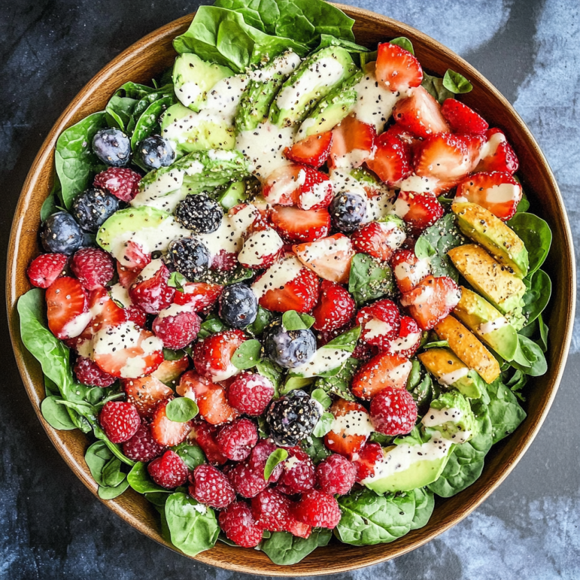 Une salade de spinach, de berries et de fruits colorés dans un bol.