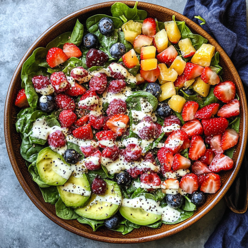 Une salade de spinach, de berries et de fruits.