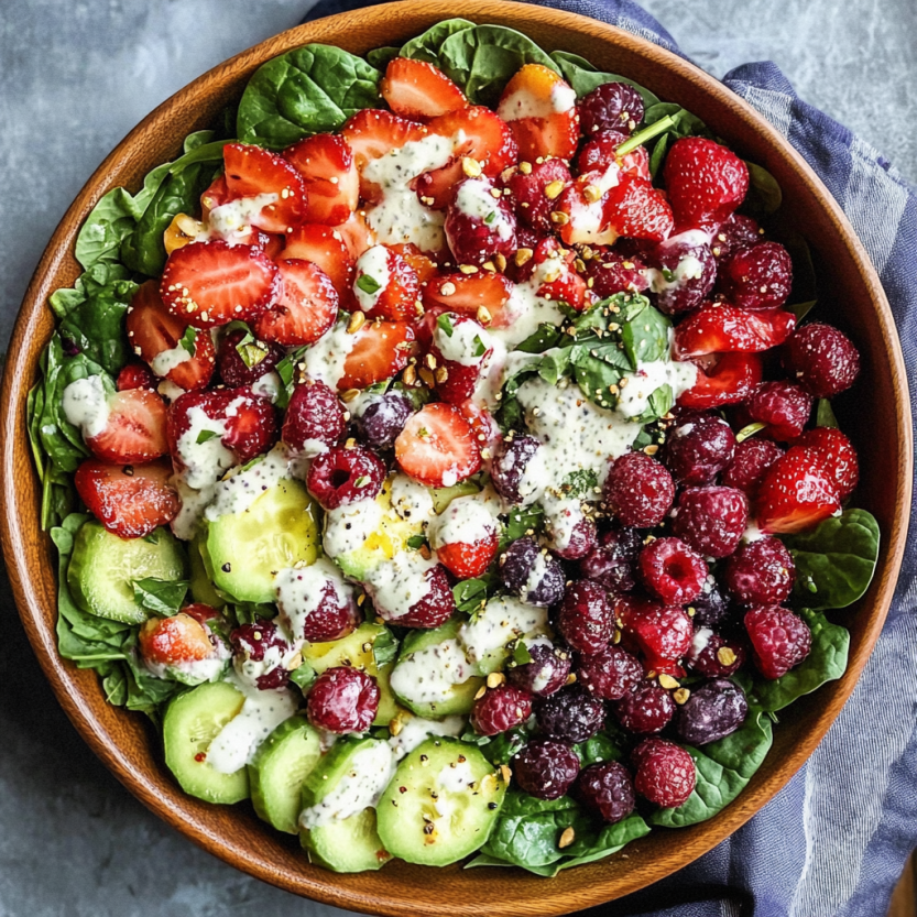 Une salade de spinach, baie et tomate dans un bol.