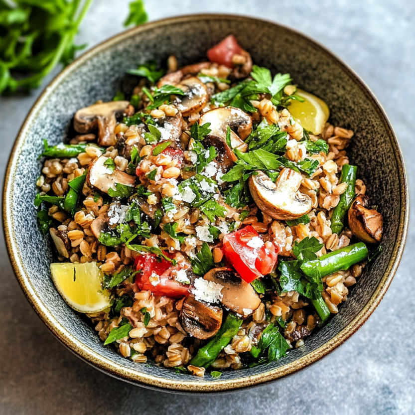 Une assiette de farro avec des champignons et des asperges.