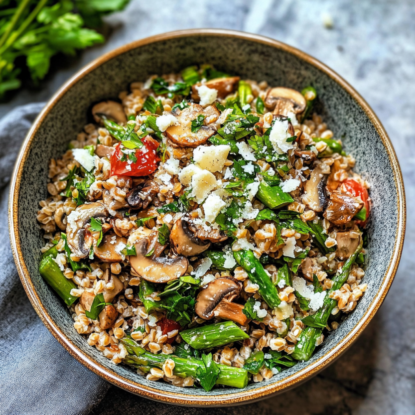 Une assiette de farro avec des champignons et des asperges.