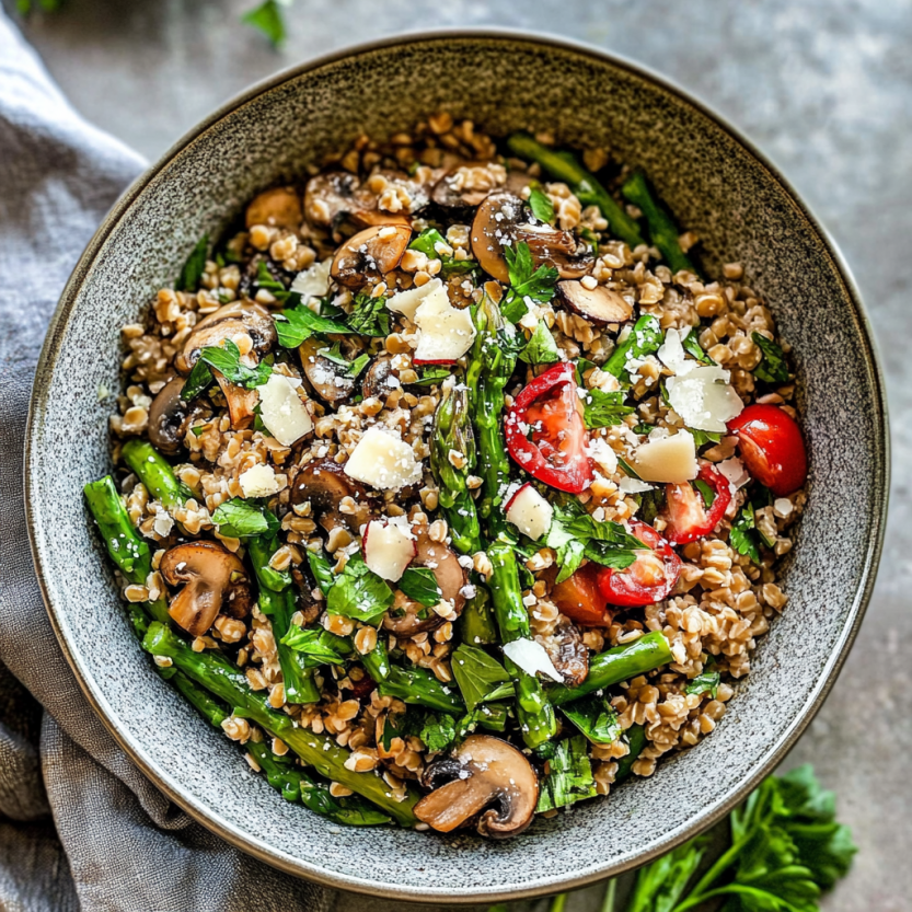 Une assiette de farro avec des champignons et des épinards.