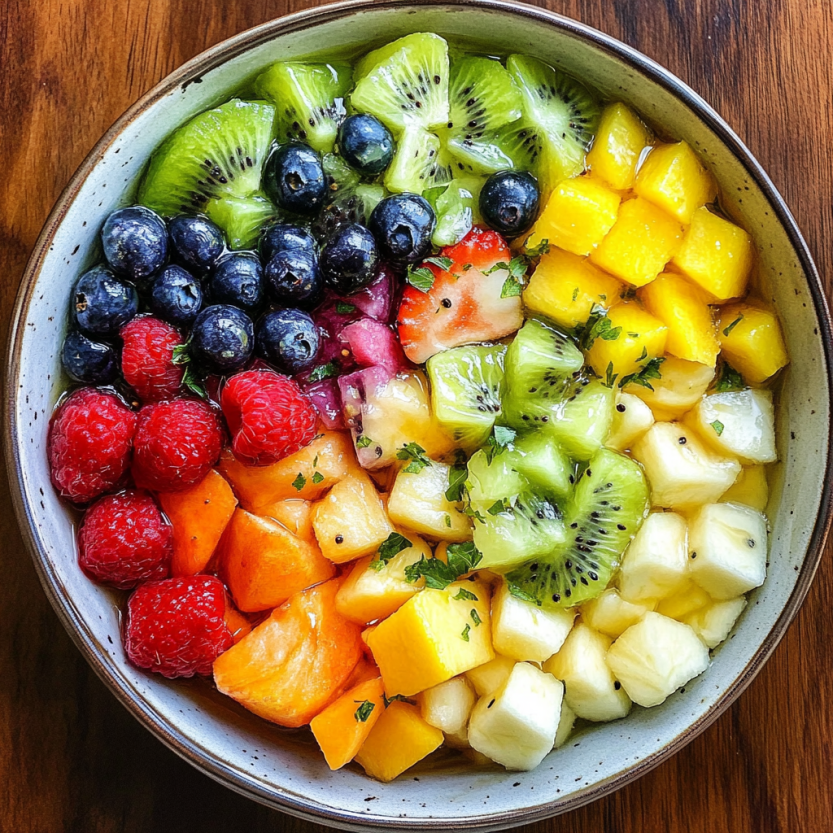 Un plat de fruits colorés avec des fruits tels que des fraises, des kiwis, des mangos, des pamplemousses, des bananas, des strawberries et des oranges. Il y a également une sauce de miel et de citron.