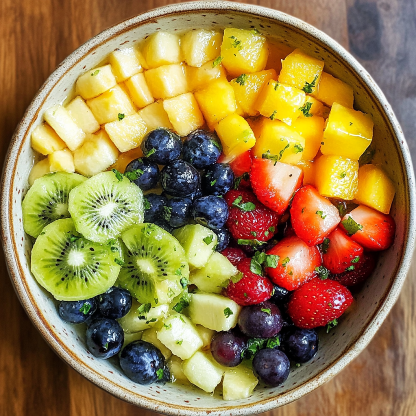 Un plat de fruits colorés avec une sauce de miel et de citron.