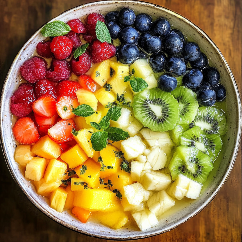 Un plat de fruits colorés avec des fruits tels que des fraises, des mangues, des kiwis et des bananas.
