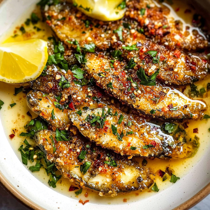 Une assiette de poissons grillés, probablement des sardines, avec une sauce et des herbes.
