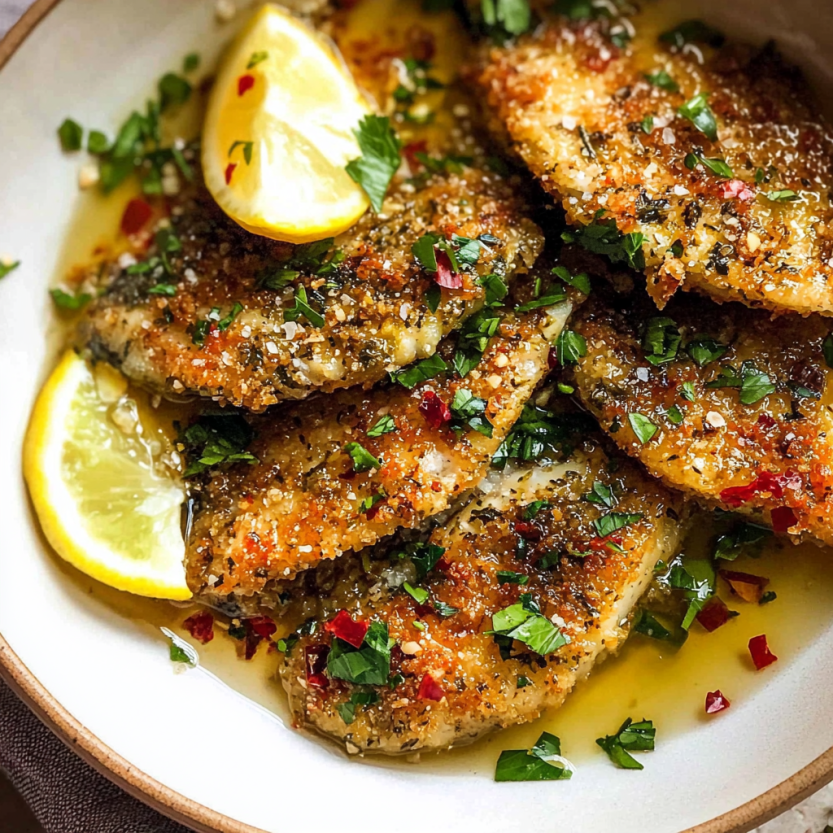 Une assiette de poissons grillés italiens, avec des herbes et des citrons.