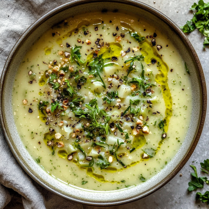 Une assiette de soupe de poireaux croustillants et un peu épaisse, sans pommes de terre.