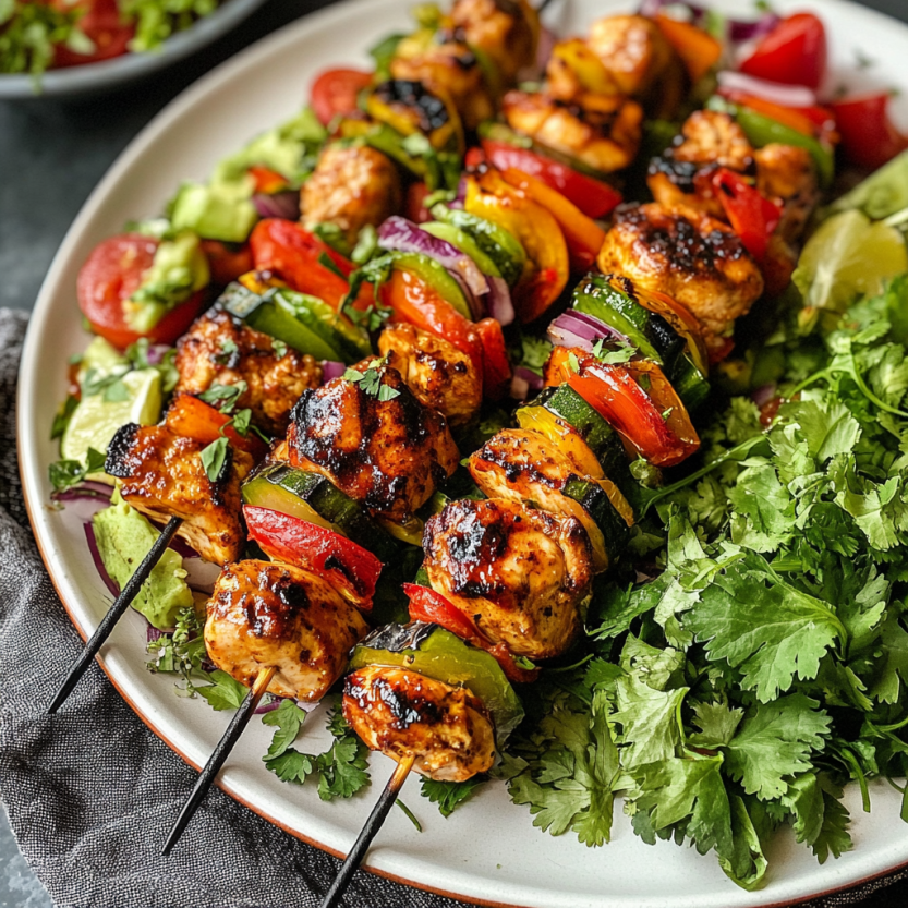 Plate of Mexican barbecue chicken skewers.
