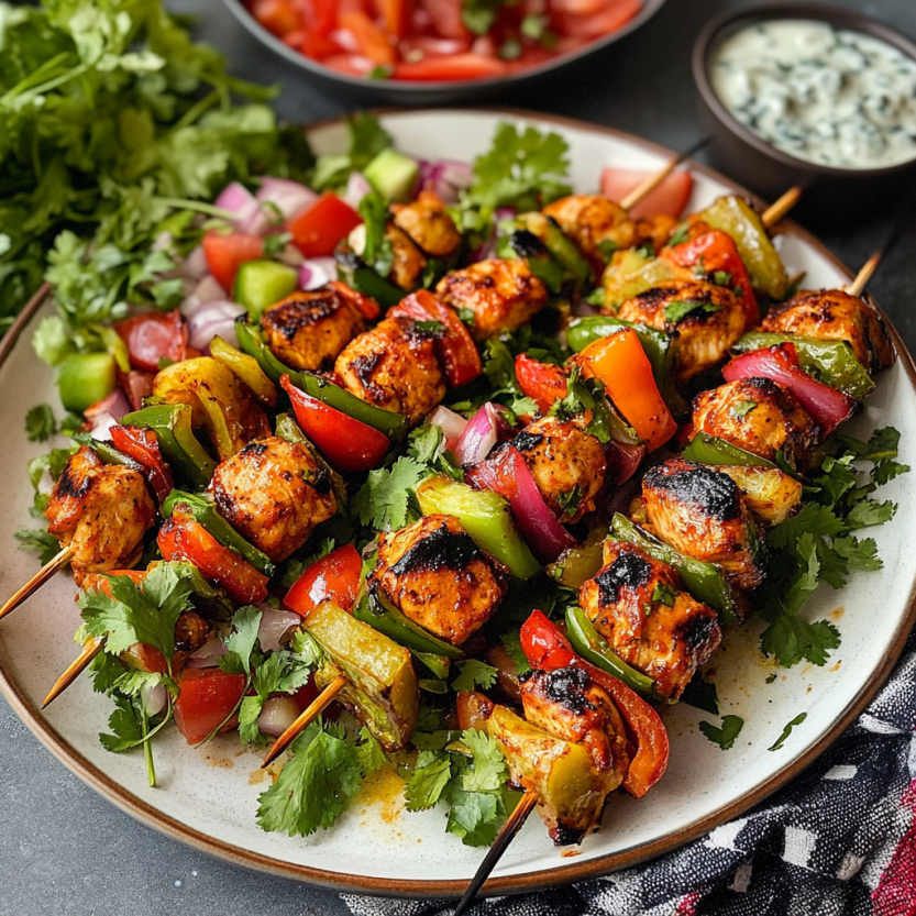 Des brochettes de poulet grillé mexicain avec des légumes.