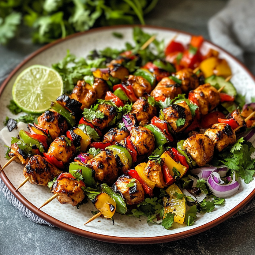 Plate of Mexican barbecue chicken skewers.