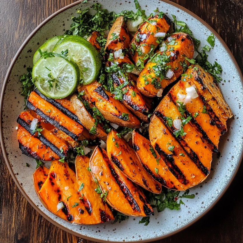 Une assiette de grilled sweet potatoes avec des herbes et des légumes.