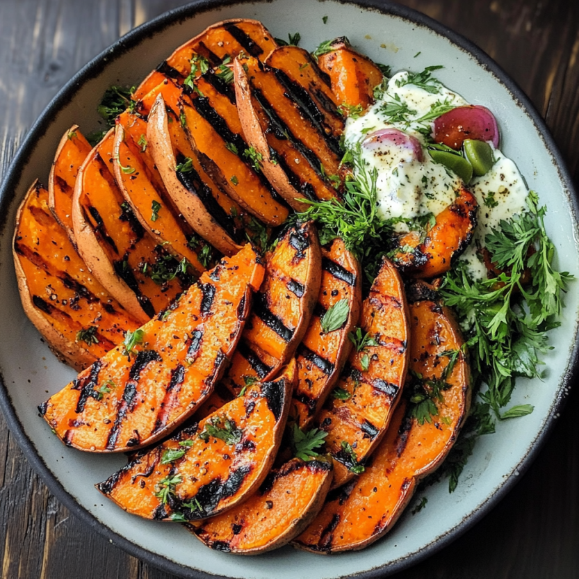 Une assiette de grilled sweet potatoes avec des herbes et des légumes.