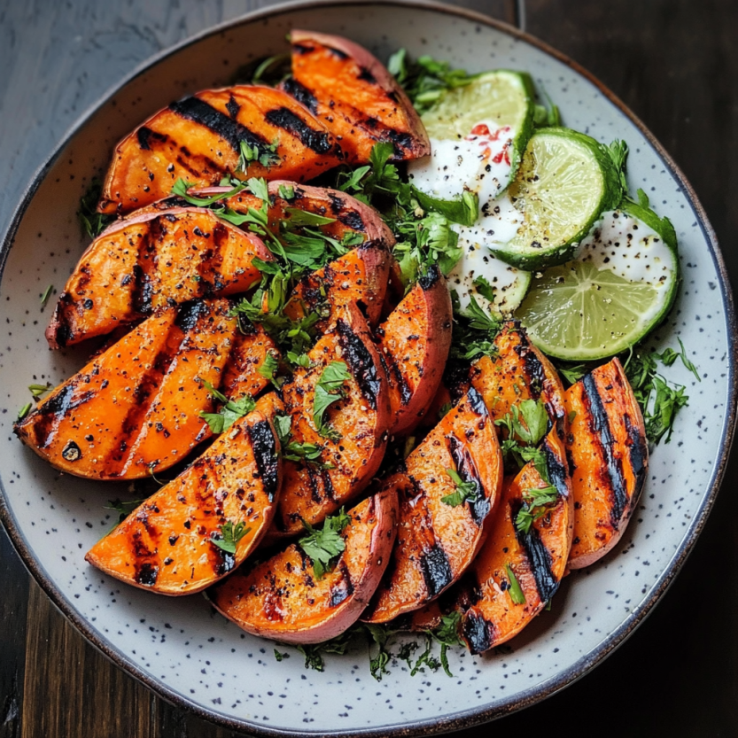 Une assiette de grilled sweet potatoes avec des herbes et des limes.