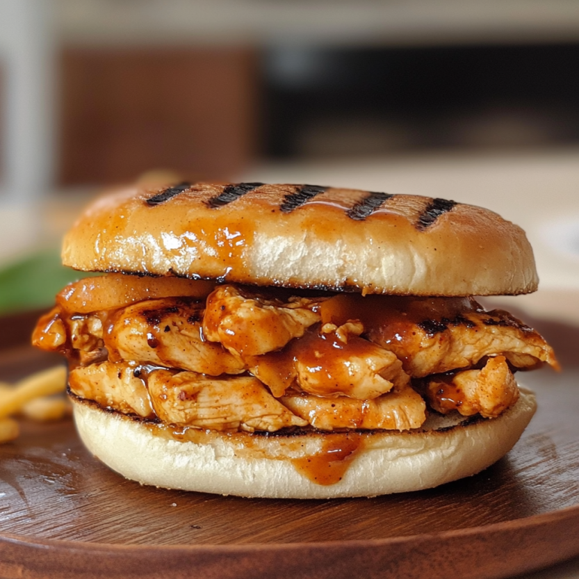 Un sandwich de poulet grillé avec du fromage et des sauces.