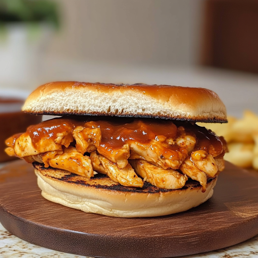 Un BBQ Chicken Grilled Cheese Sandwich sur une planche de bois.